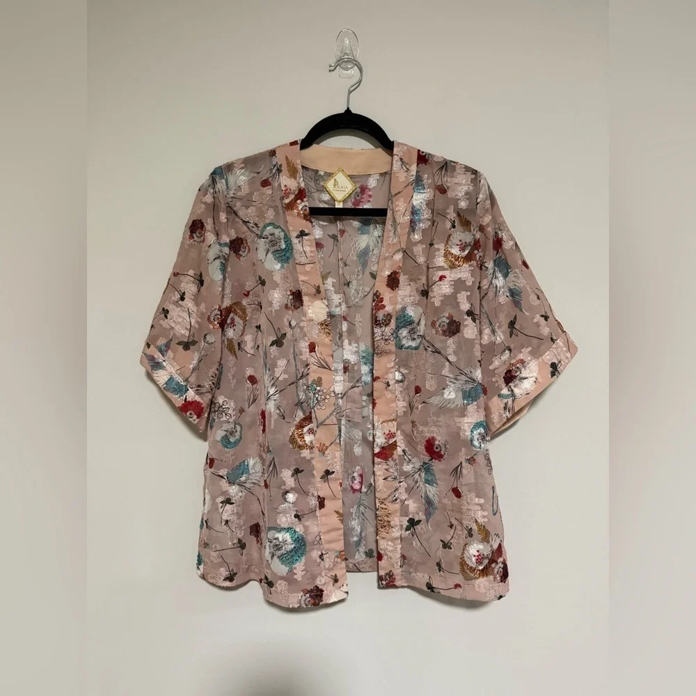 Luba Floral Metallic Sheer Kimono Cardigan Topper Small Boho Romantic Fairy